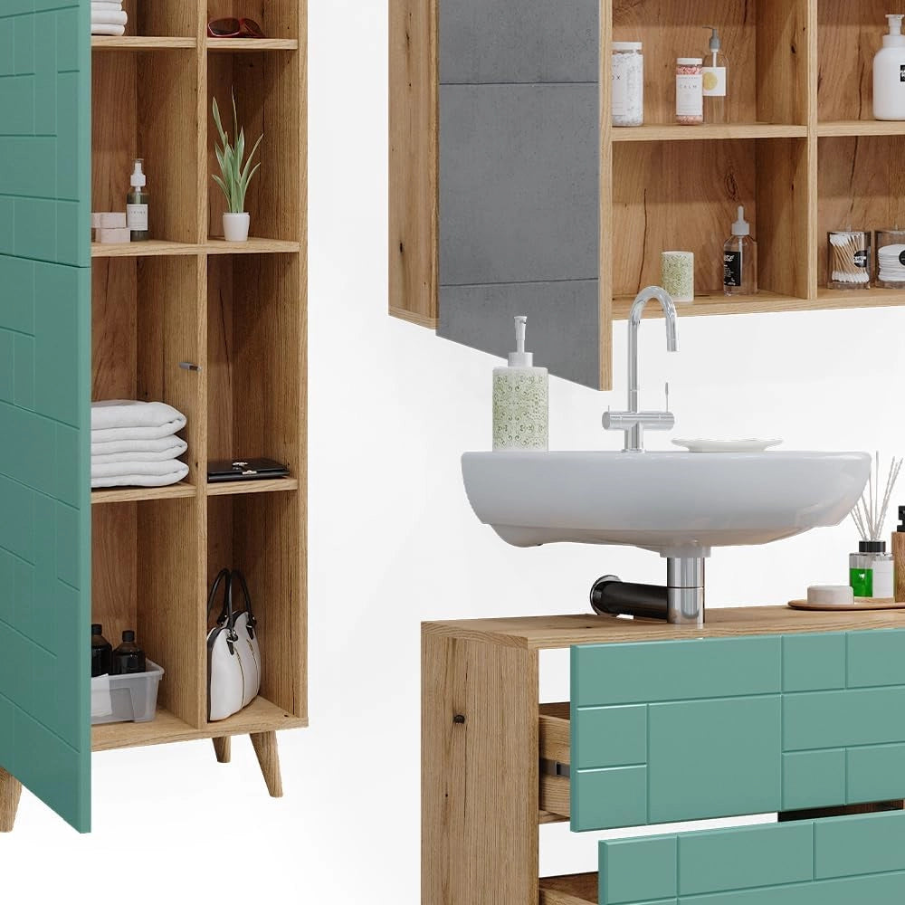 Set di mobili da bagno Rudi, Verde menta, 90 cm, composto da mobile sottolavabo, specchiera e colonna alta