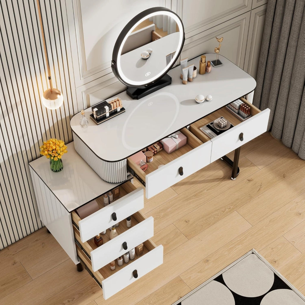 Toeletta da Trucco con Luci, Tocador de Maquillaje, Tavolo da Trucco con 5 Cassetti in Legno Massiccio, Montaggio Flessibile, 100x40x125 cm, Moderno, Bianco+Nero