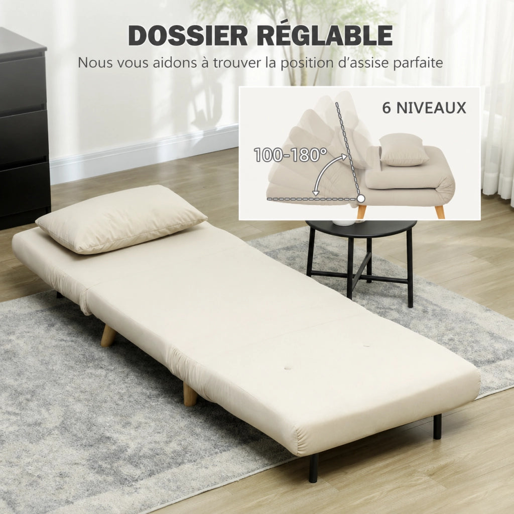 Poltrona letto 2 in 1 con schienale regolabile 6 posizioni in velluto beige