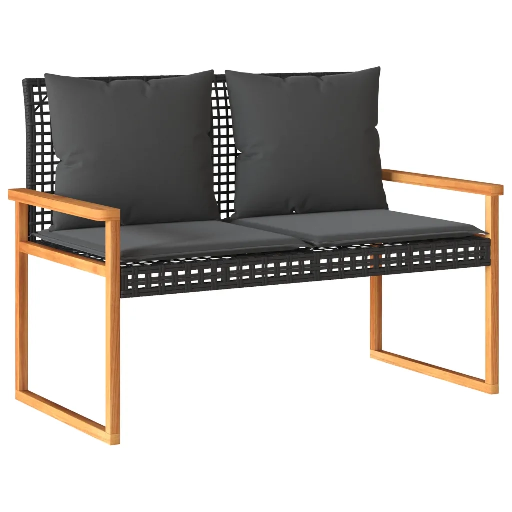 Panca da Giardino con Cuscino Nera in Polyrattan e Legno Acacia 633238