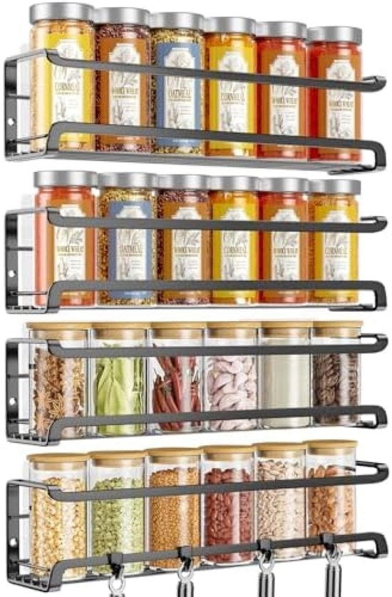 Organizzatore per erbe da parete, 4 pezzi, contenitore spaziale per vasi erbe, attacco adesivo o a viti, pannelli di alluminio neri per archiviazione per dentro armadi o porte cucina