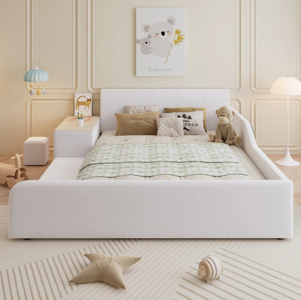 Letto imbottito 140x200 cm con scrivania; sgabello e ripiano in velluto bianco