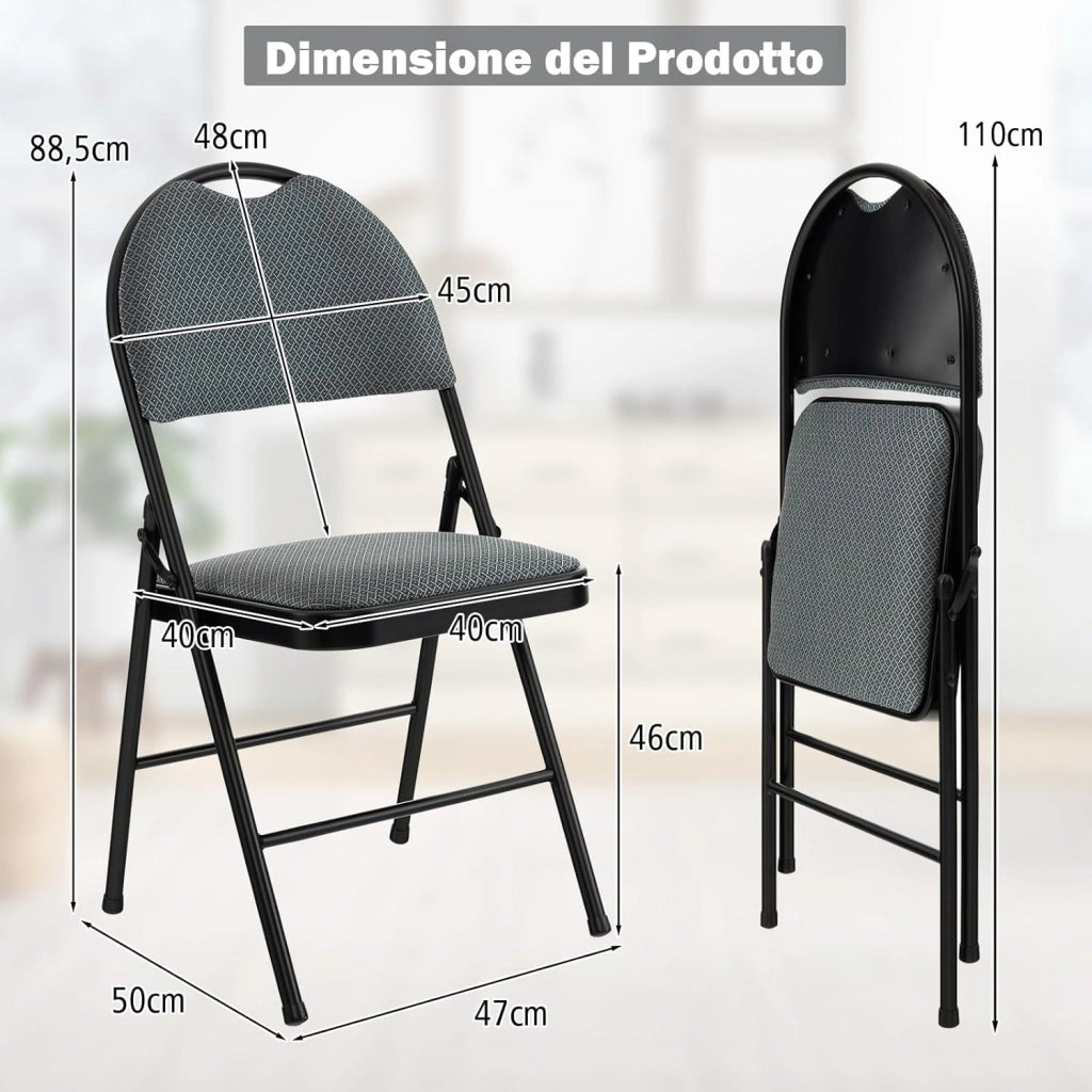 Set di 4 Sedie Pieghevoli, Sedie da Pranzo con Seduta Imbottita e Schienale Rivestito in Tessuto, con Gambe in Metallo, Sedia Portatile per Soggioro, Ufficio, Portata 120 kg (Grigio)