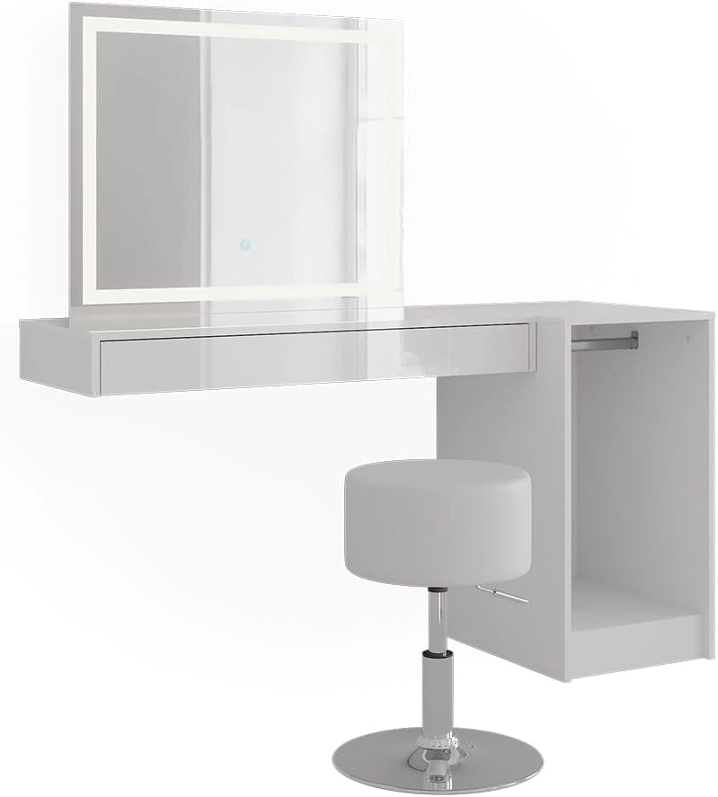 Tavolo da toeletta Sherry, Bianco, 100 cm 4 parti, con illuminazione LED e seduta imbottita per il montaggio