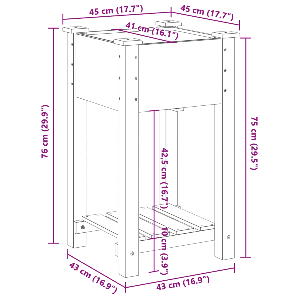 Vaso da giardino  con ripiano 45x45x76 cm in legno massello di abete
