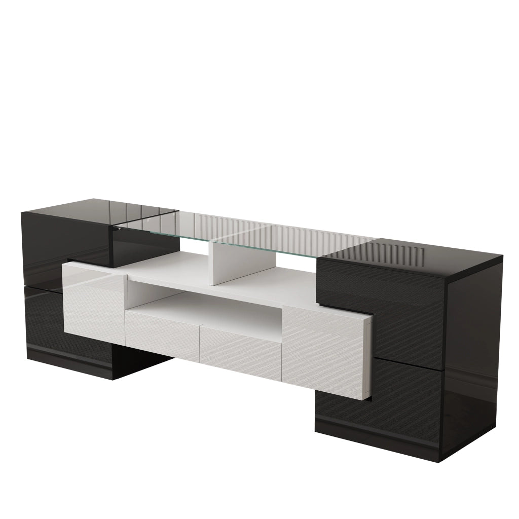 Mobile TV con 6 Ante; 2 Cassetti e LED Multicolore; Finitura Lucida Moderna; 145??30??51 cm; in Truciolare; Bianco e Nero