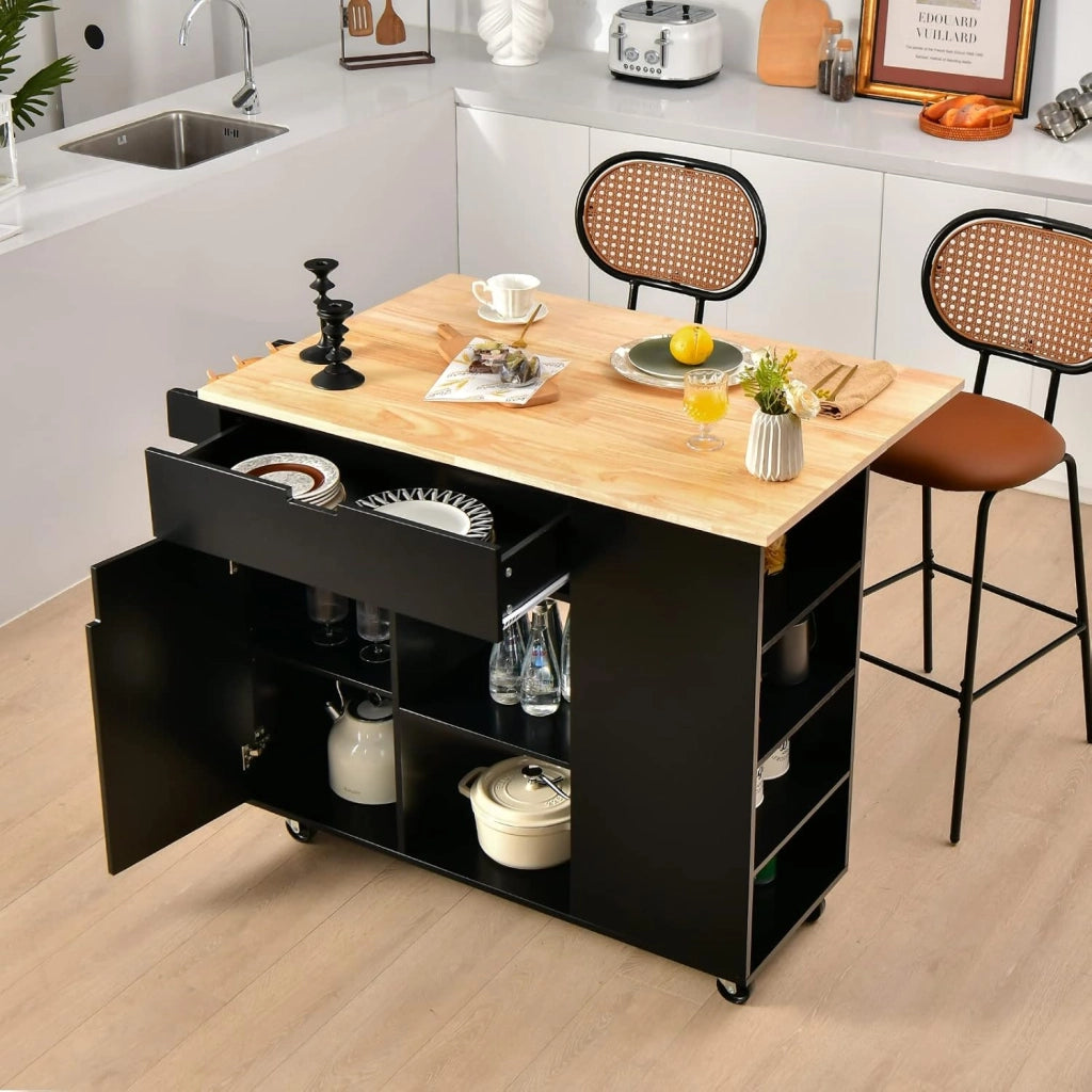 COSTWAY Carrello da Cucina con Cassetto, Carrello Servizio con Ripiano Aperto e Pieghevole, Carrello Multiuso con Ruote e Portasciugamani, 124x76x92 cm (Nero)