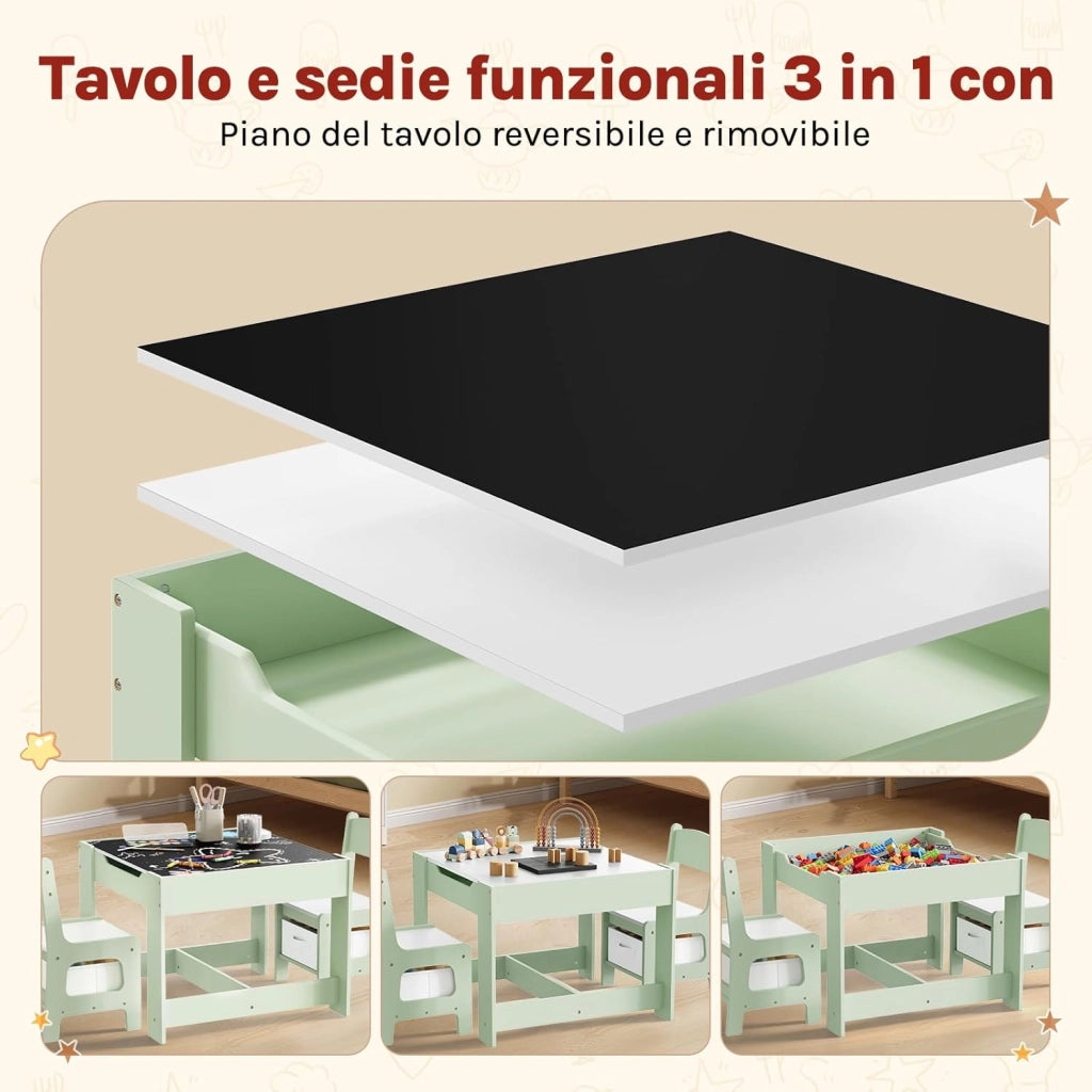 Set da Tavolino e Sedie per Bambini, Tavolo Bambini con 2 Sedie, Lavagna Reversibile, con Scomparto Nascosto e Scatole, per Cameretta, Asilo, Legno, Verde + Bianco