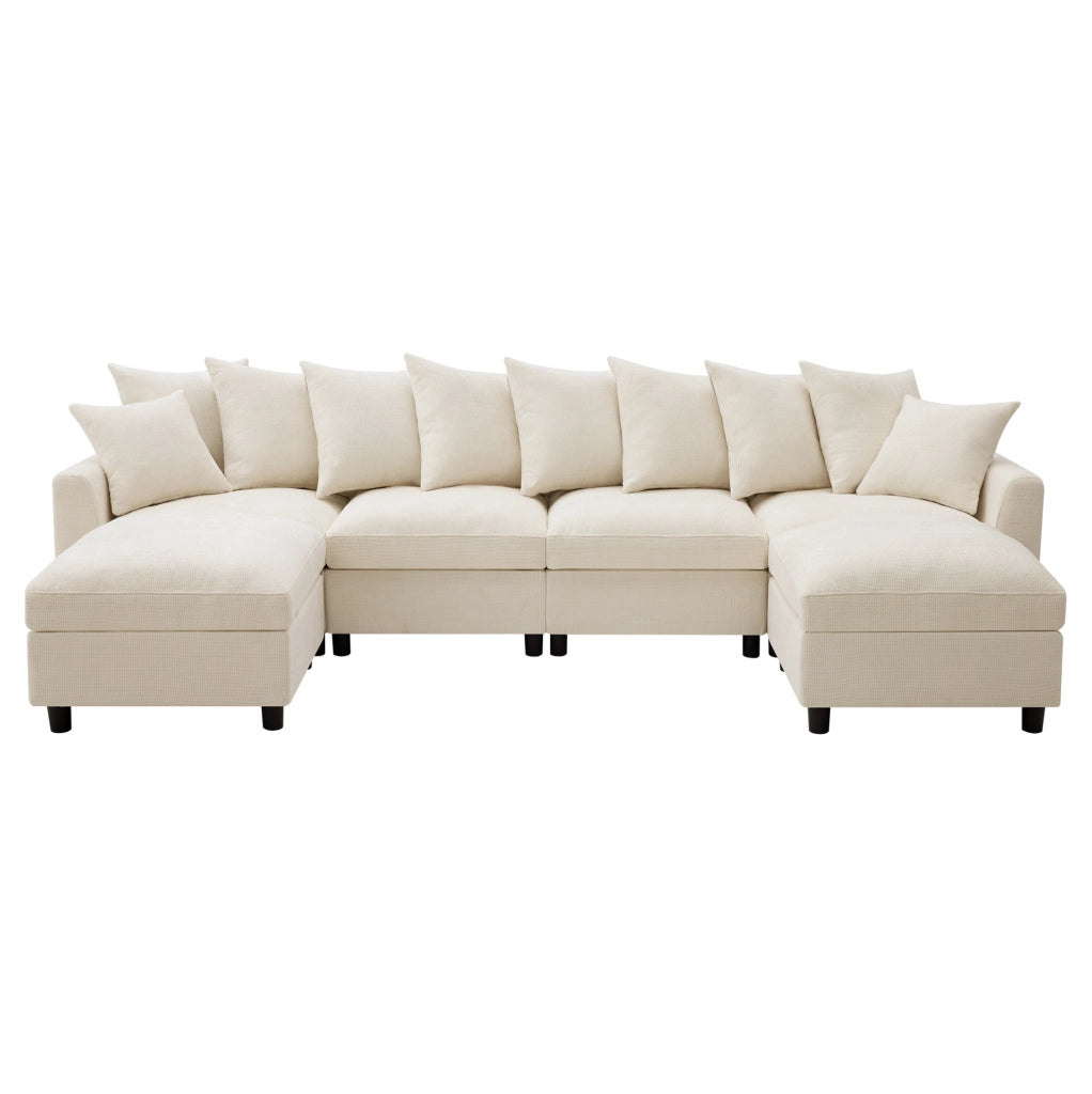 Divano modulare ULEVR 6 posti 283x153,5 cm configurabile a U o L con 2 pouf, USB e Type-C, chenille beige
