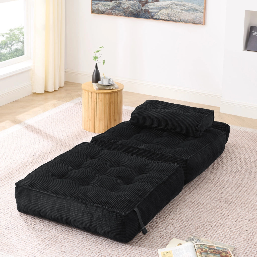 Pouf, divano letto pieghevole, velluto a coste, schienale regolabile, pronto all'uso, nero