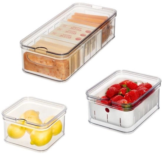 Set di 3 contenitori di riciclo per alimenti, organizzatore della dispensa con coperchio, trasparente e bianco
