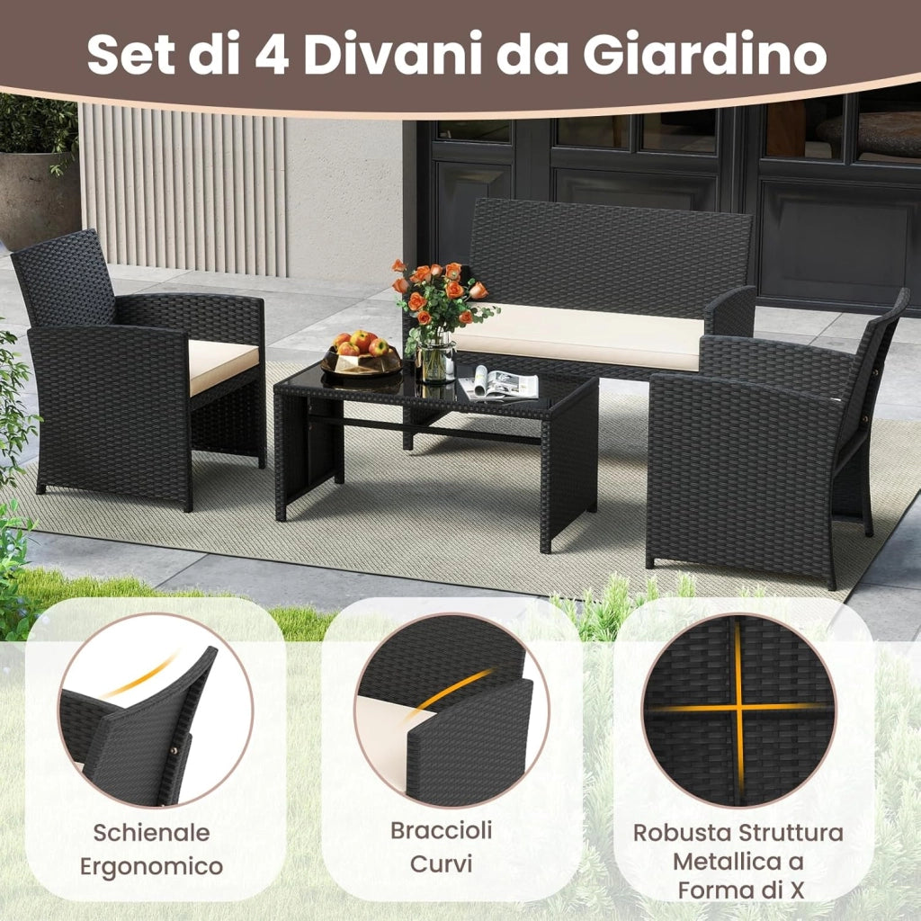 Set Salotto da Giardino 4 Pezzi, Divanetto e Poltrone in Rattan con Tavolino da Caffè in Vetro Temperato, Set di Mobili da Esterno Imbottiti per Cortile, Veranda e Bordo Piscina (Bianco)