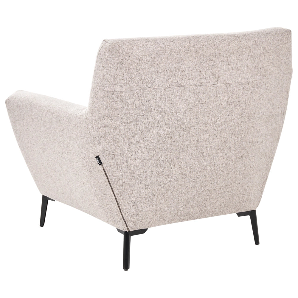 Poltrona in tessuto beige con braccioli, trapuntatura decorativa e gambe in metallo nero angolo lettura moderno per il soggiorno