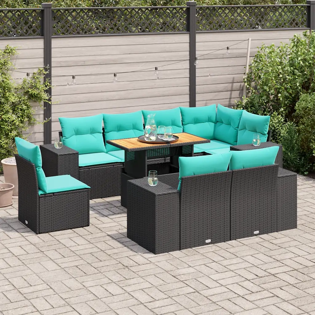 Set Divani da Giardino 9 pz con Cuscini Nero in Polyrattan 3327389