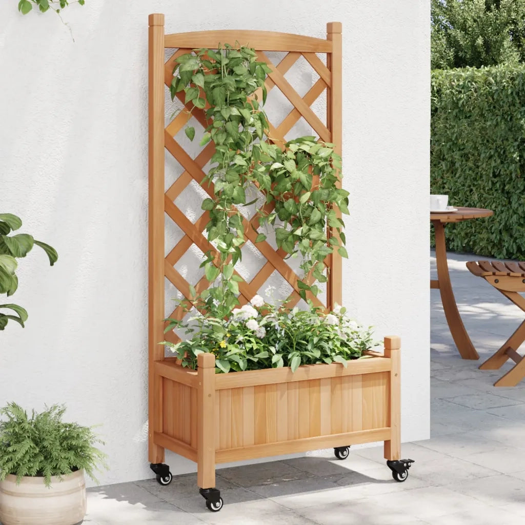 Fioriera | Cassetta per fiori | Vaso con Traliccio e Ruote Marrone Legno Massello di Abete