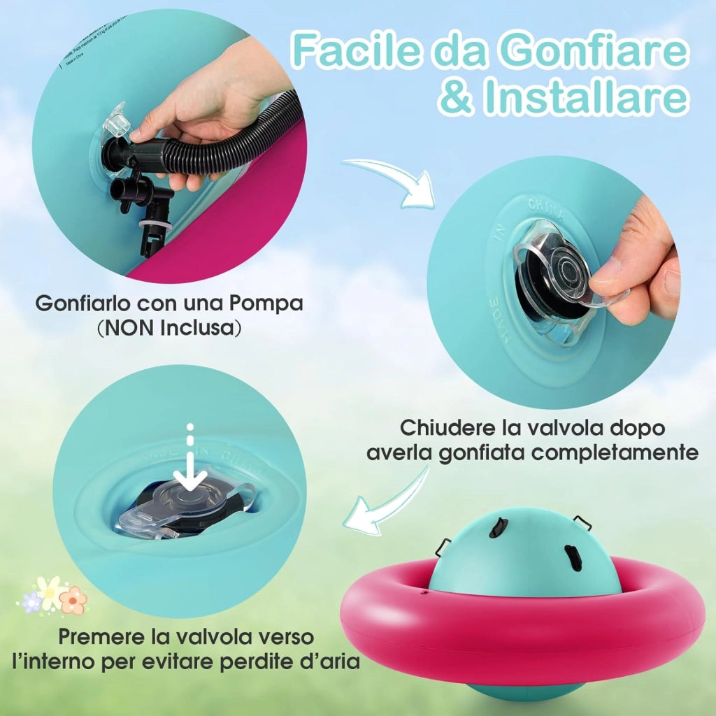 Giostra Gonfiabile a Pianeta per Bambini da 223CM per Inclinare, Arrampicarsi e Saltare con 6 Maniglie Incorporate, Giocattolo Spaziale per Esterno per Bambini dai 5 Anni+ (Rosa+Verde)
