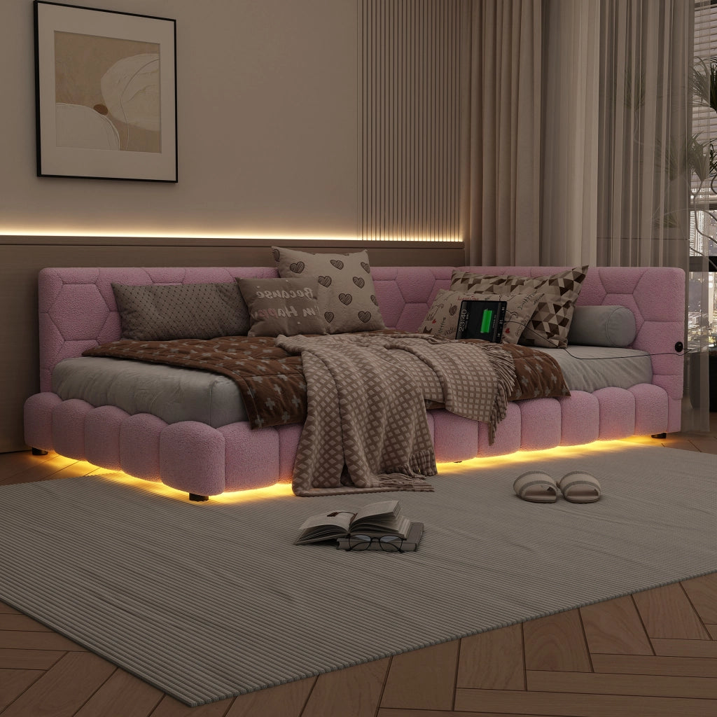 Letto singolo 90×200 cm con LED regolabile; USB; Type-C e rete; senza materasso; velluto; rosa