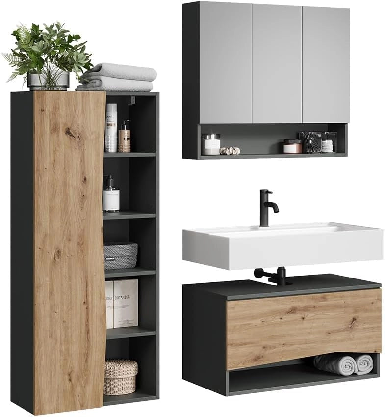 Set di mobili da bagno Willow, Artigiano, 80 cm, composto da mobile sottolavabo, specchiera e colonna alta