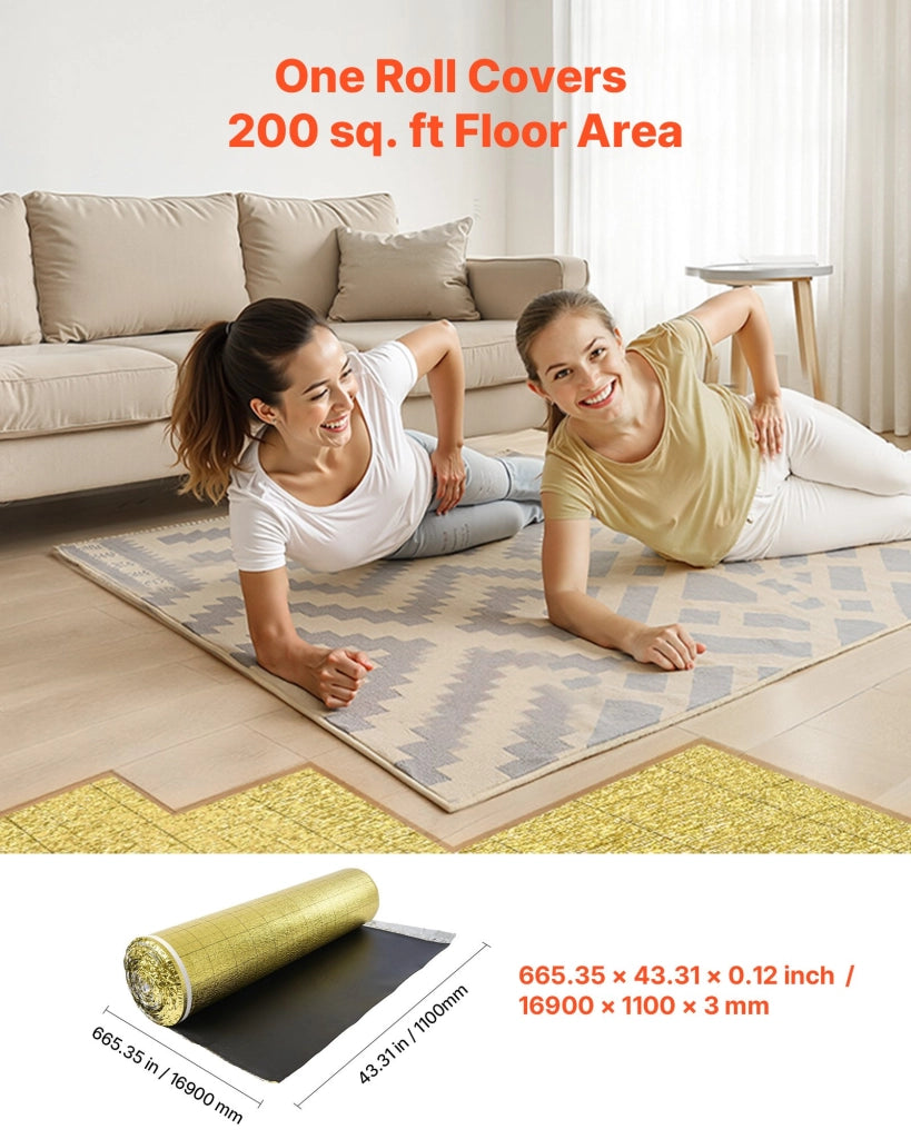 Sottopavimento Fonoassorbente 18,6 m² in Schiuma IXPE e PE Dorato con Barriera al Vapore e Nastro Adesivo per Pavimenti Laminati e Parquet