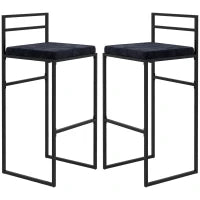 Set di 2 Sgabelli da Bar Alti con Cuscino di Seduta in Velluto, Poggiapiedi, Altezza 74 cm, Nero
