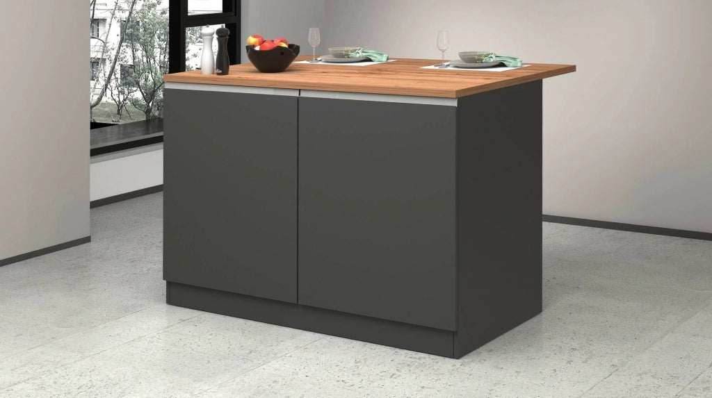 Isola da cucina Analiza, Tavolo ausiliario portaoggetti, Mobile da cucina a 2 ante, 100% Made in Italy, 125x90h90 cm, Antracite e Rovere