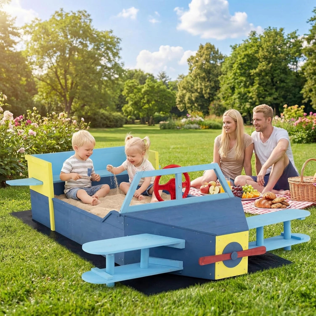 COSYWAY Sabbiera per Bambini in Legno, Gioco da Spiaggia a Forma di Aliante con Panca, Elica, Timone e Alette, Sabbiera da Esterno con Fodera Inferiore per Spiaggia e Cortile, 18 Mesi+, 180x100x50 cm