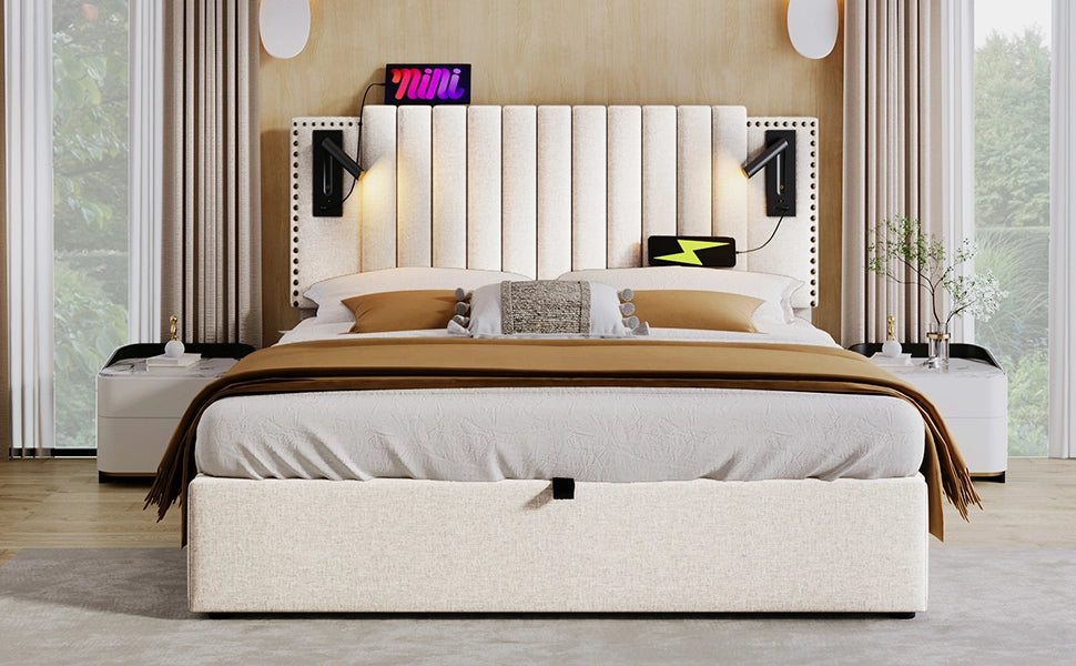 DESMIU Letto contenitore 160 × 200 cm 2 posti con luce da lettura, USB Type-C, testiera regolabile, senza materasso, beige