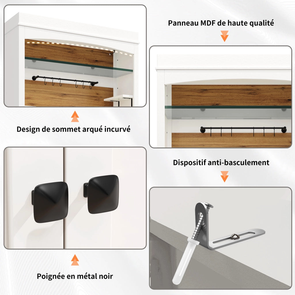 Credenza alta da cucina con LED RGB; ripiano in vetro e 6 ganci; set da 2; 107 × 34 × 184 cm