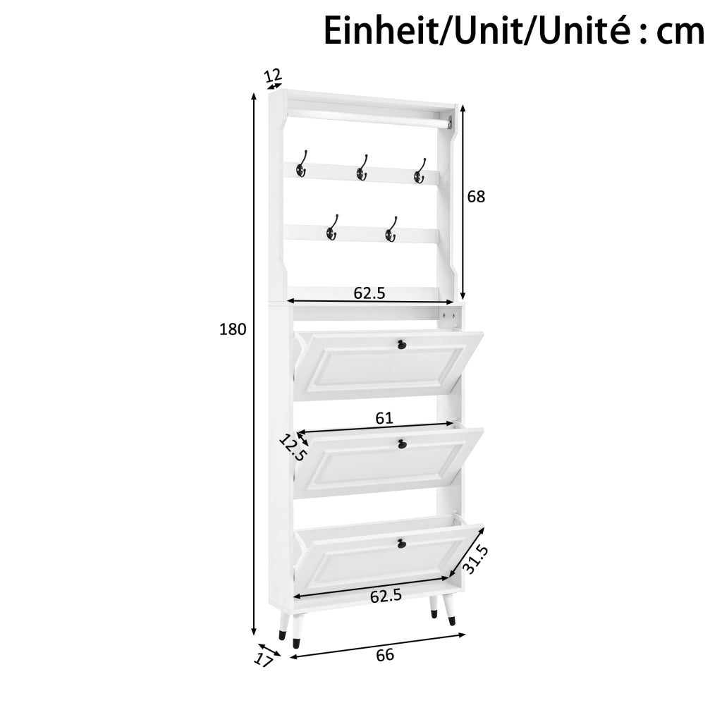 Mobile da ingresso con scarpiera a 3 ante ribaltabili, ganci e barra appendiabiti, per corridoio, bianco, 66 × 17 × 180 cm