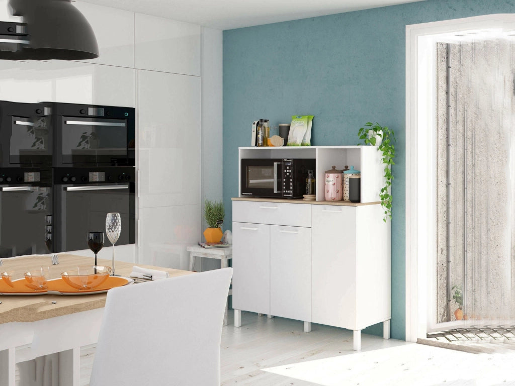 Armadio multiuso Angstrom, Mobile ausiliario da cucina, Credenza a 3 ante e 1 cassetto con ripiani, Armadio aperto, cm 108x40h126, Bianco e Rovere