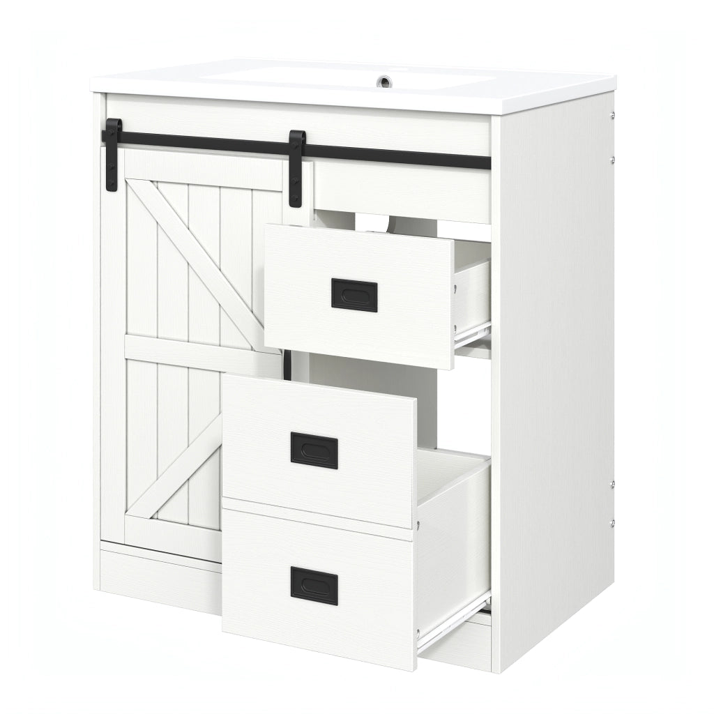 Mobile sottolavabo con lavabo in ceramica; cassetti e ante - per bagno - in MDF - bianco