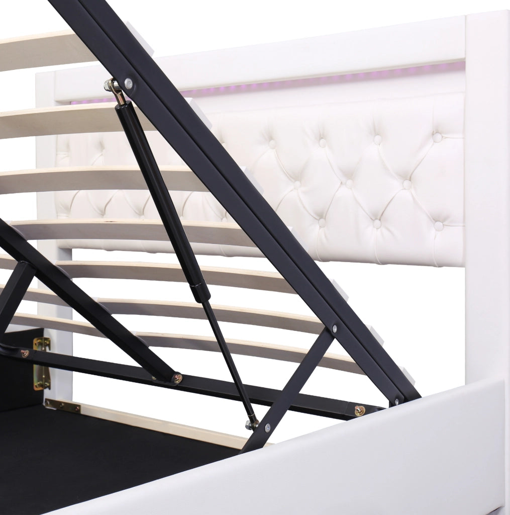 Letto imbottito 160x200 cm in PU bianco con LED; rete a doghe e contenitore