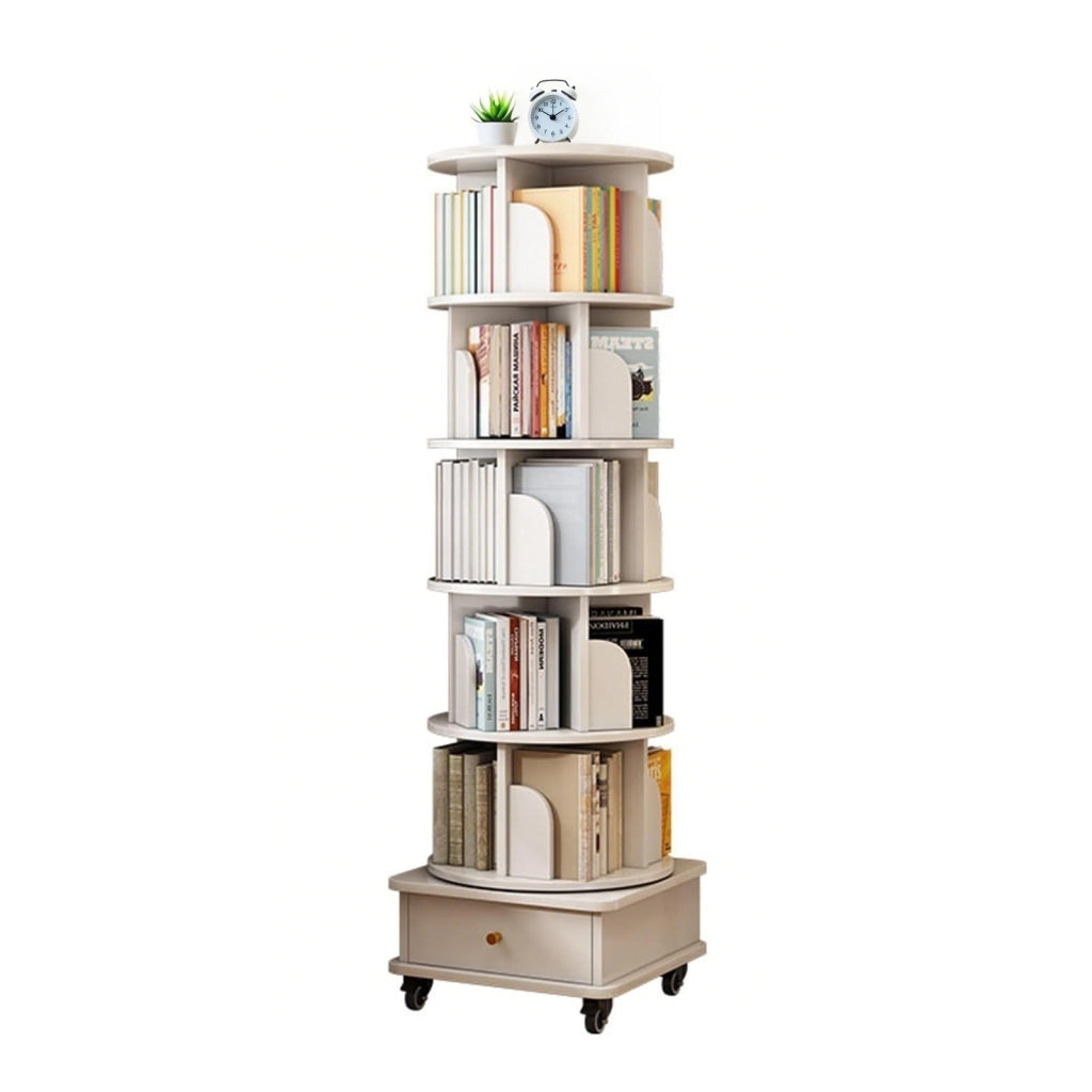 Libreria girevole 360° con ruote e cassetto, salvaspazio, bianco, MDF