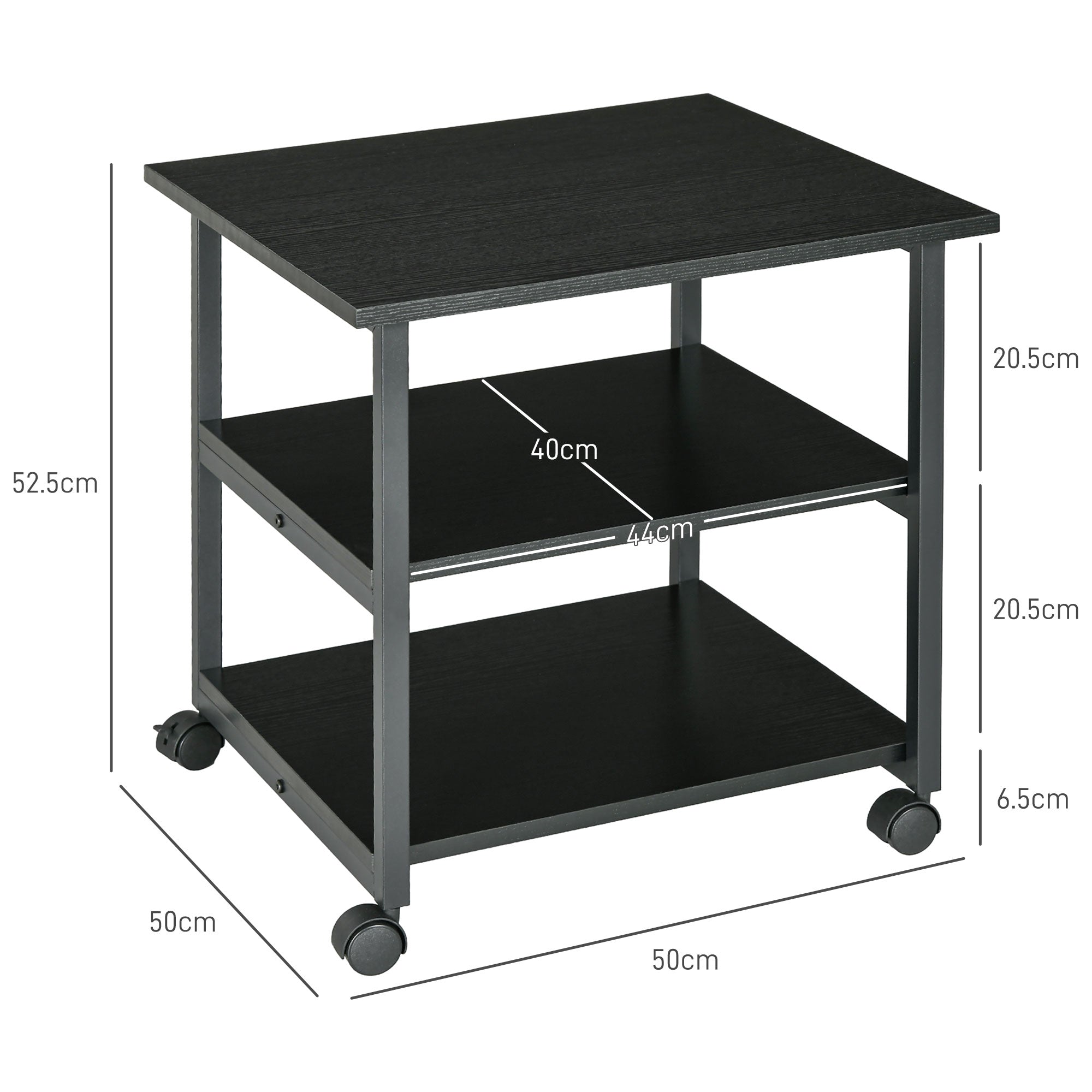 Carrello Porta Stampante a 3 Ripiani 50x50x52,5 cm con 4 Ruote in Legno e Acciaio Nero