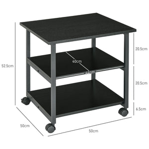 Carrello Porta Stampante a 3 Ripiani 50x50x52,5 cm con 4 Ruote in Legno e Acciaio Nero
