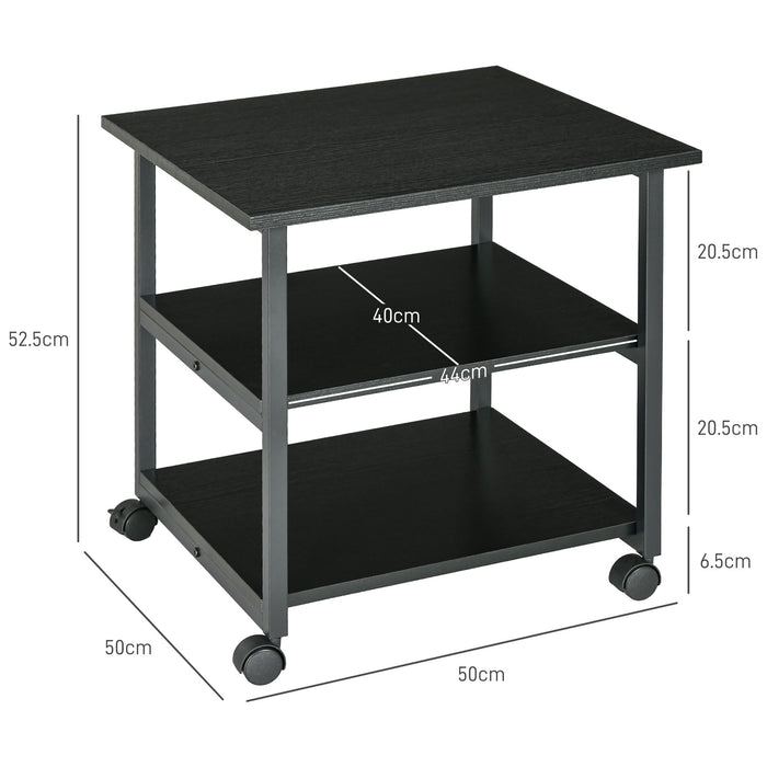 Carrello Porta Stampante a 3 Ripiani 50x50x52,5 cm con 4 Ruote in Legno e Acciaio Nero