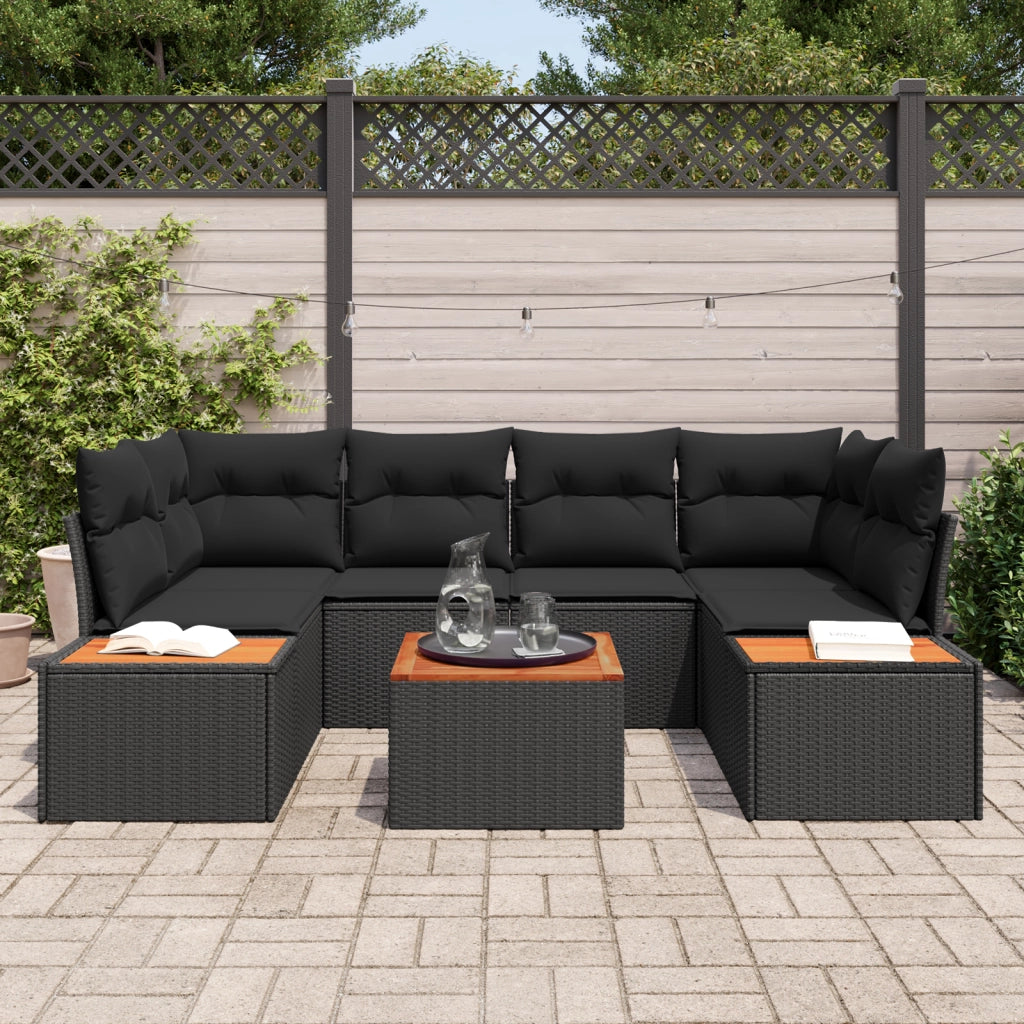Set Divano da Giardino 7 Pezzi con Cuscini Nero Polyrattan Acacia