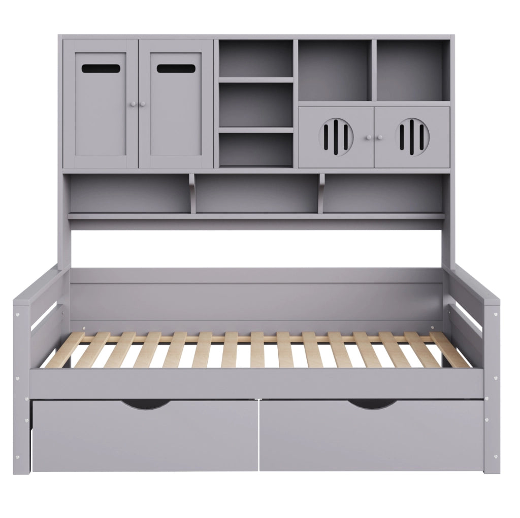 Letto 90x200 cm multifunzione con contenitore; cassetti; in legno grigio