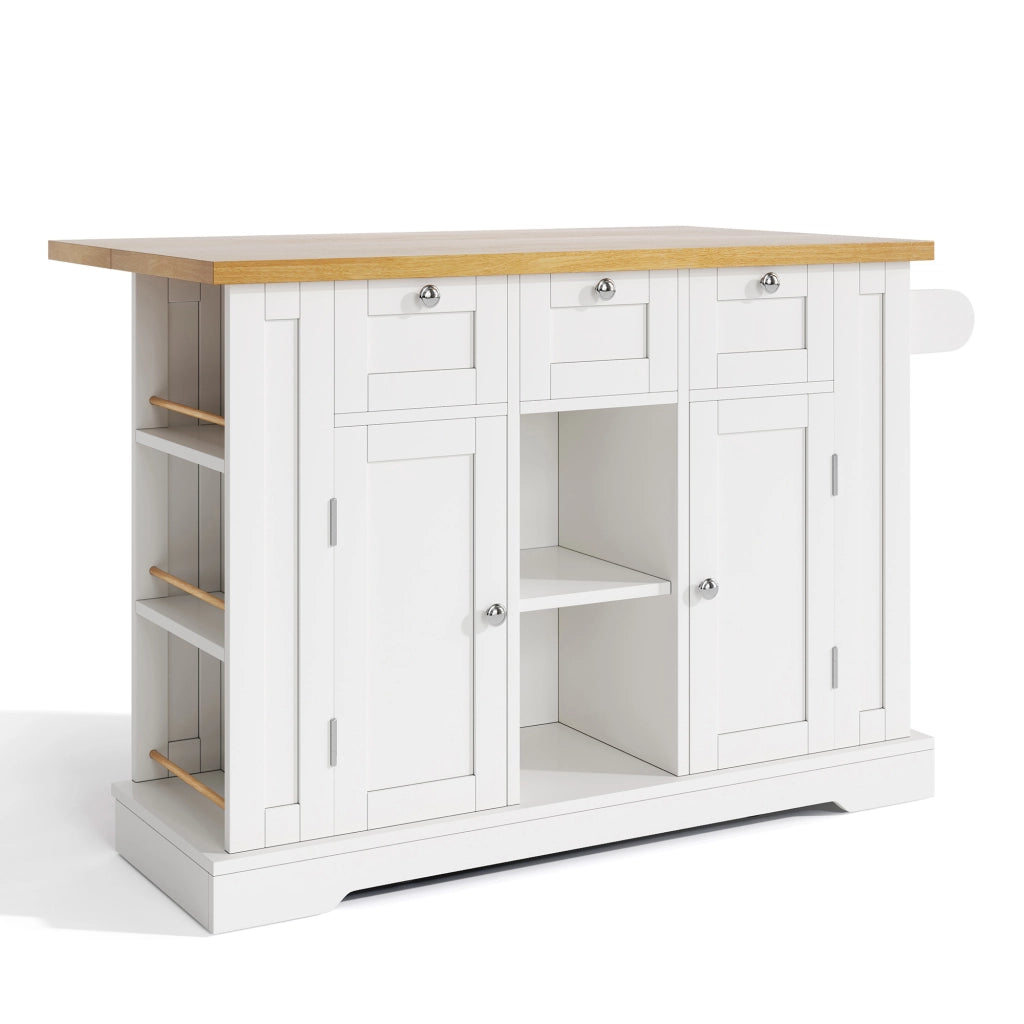 Isola da Cucina Mobile 132x40/70x87 cm Bianca e Legno con Piano Ribaltabile; Prese USB e Cassetti