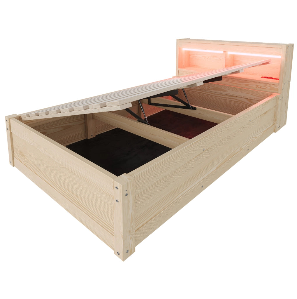 Letto singolo multifunzione 90x200 cm in MDF color legno con LED; presa e contenitore