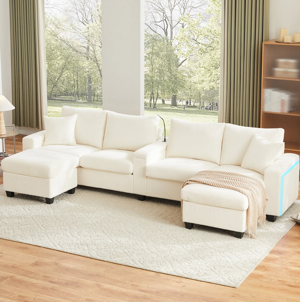 Divano a U in velluto a coste con 2 pouf contenitore; LED; USB e Type-C; beige 334x128;5x81 cm