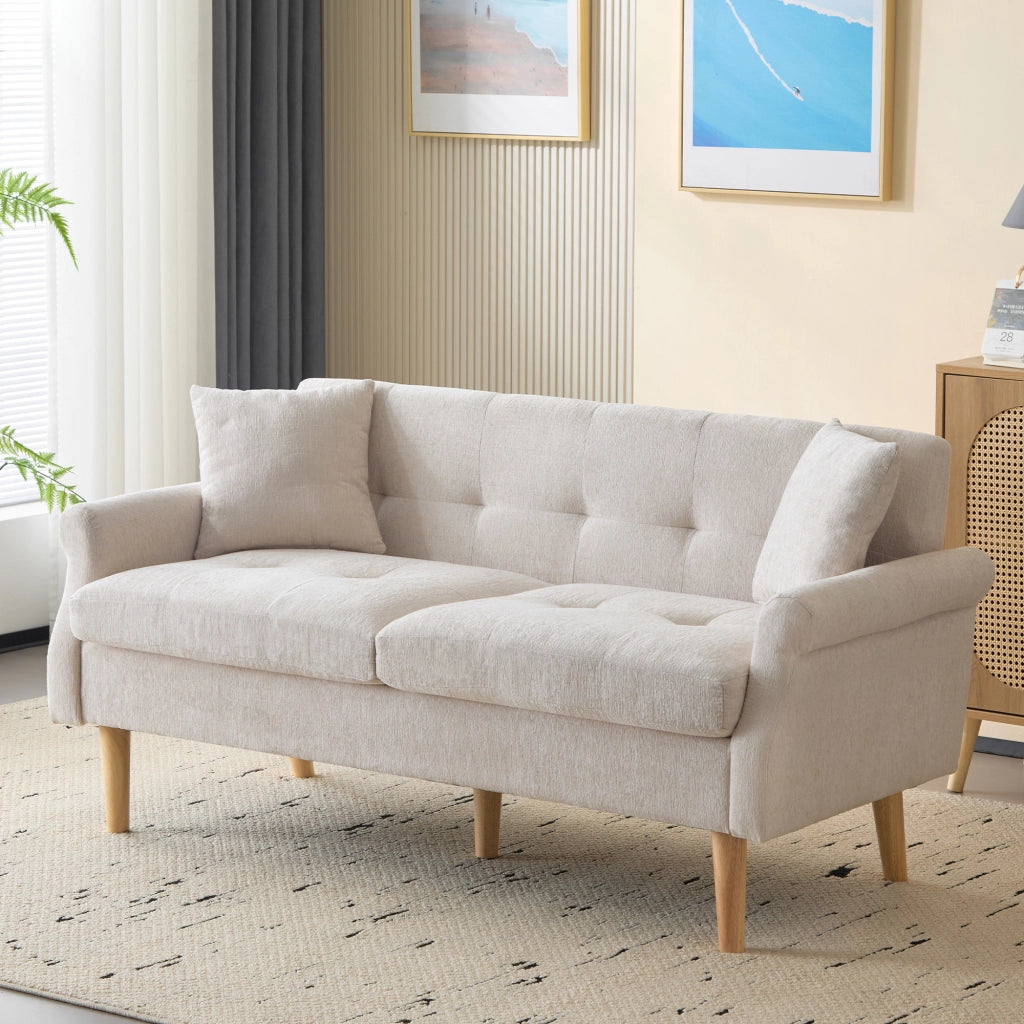 Divano 2 Posti con Cuscini Spessi e Braccioli Ergonomici in Ciniglia Beige 162 × 74 × 77 cm