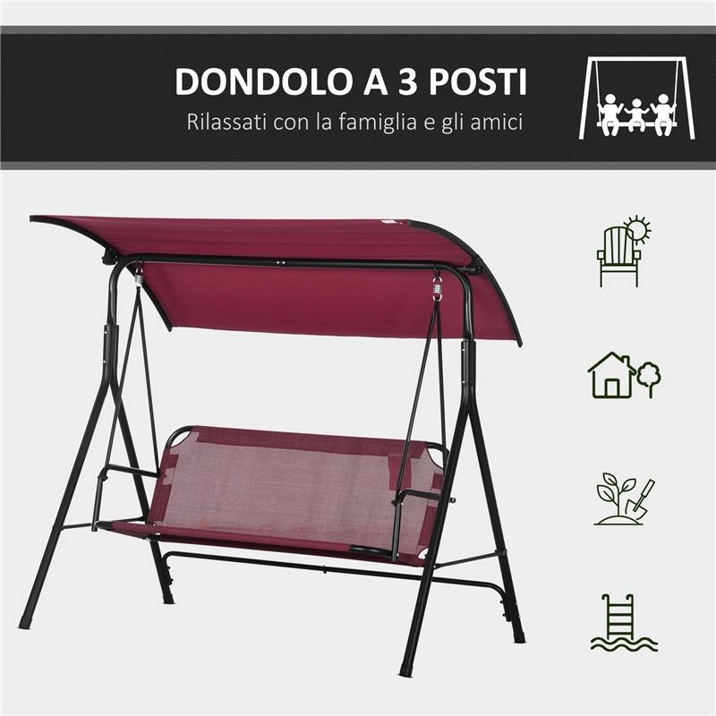DONDOLO DA GIARDINO 3 POSTI IN ACCIAIO CON TETTO PARASOLE IN POLIESTERE 172X110X153 CM ROSSO E NERO