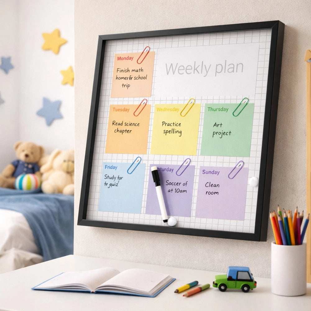 Lavagna Cancellabile Calendario Settimanale 40x40 cm con Cornice Legno con Pennarello e Calamite