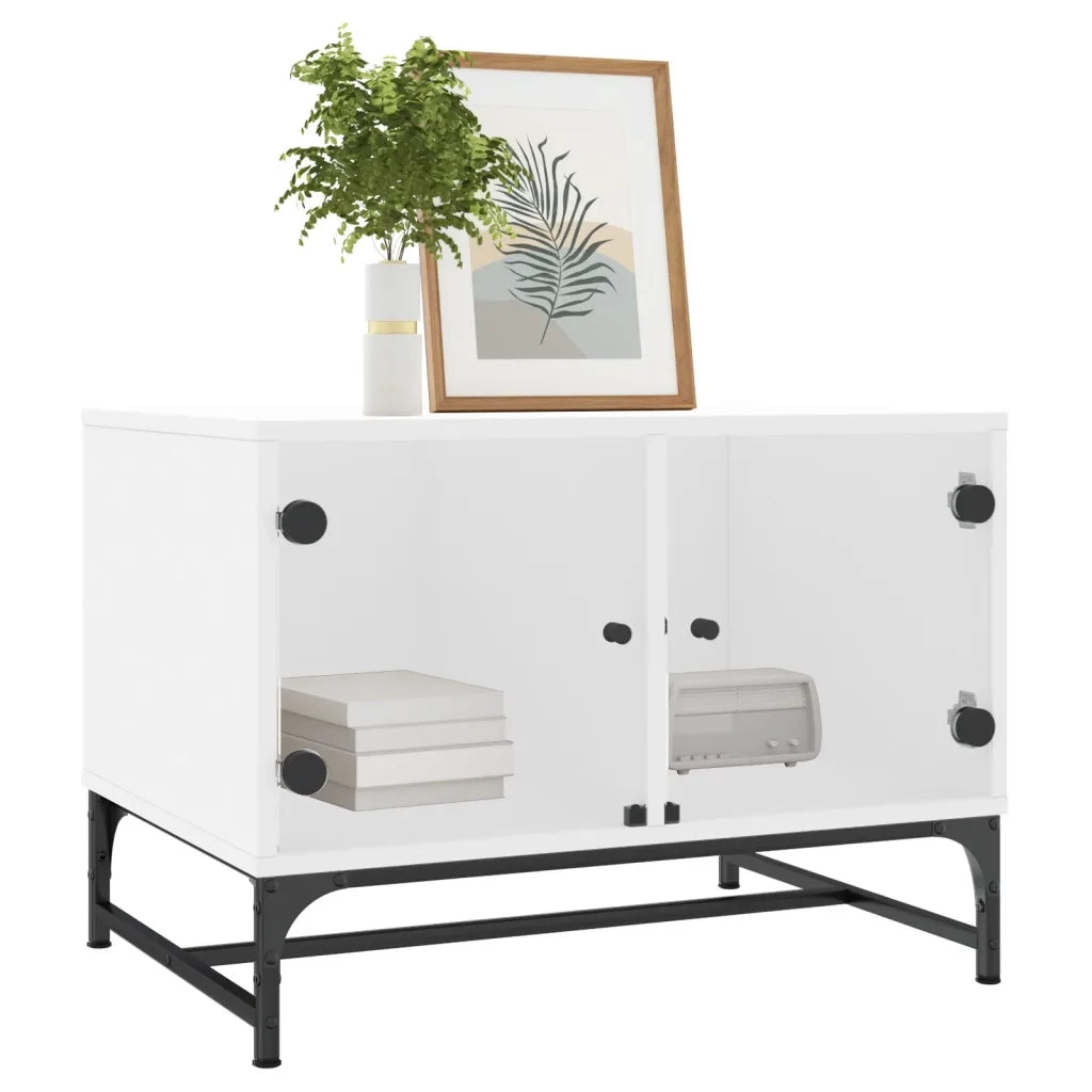 Tavolino da salotto | Tavolino da caff¨¨ | Tavolino da Soggiorno con Ante in Vetro Bianco 68,5x50x50 cm