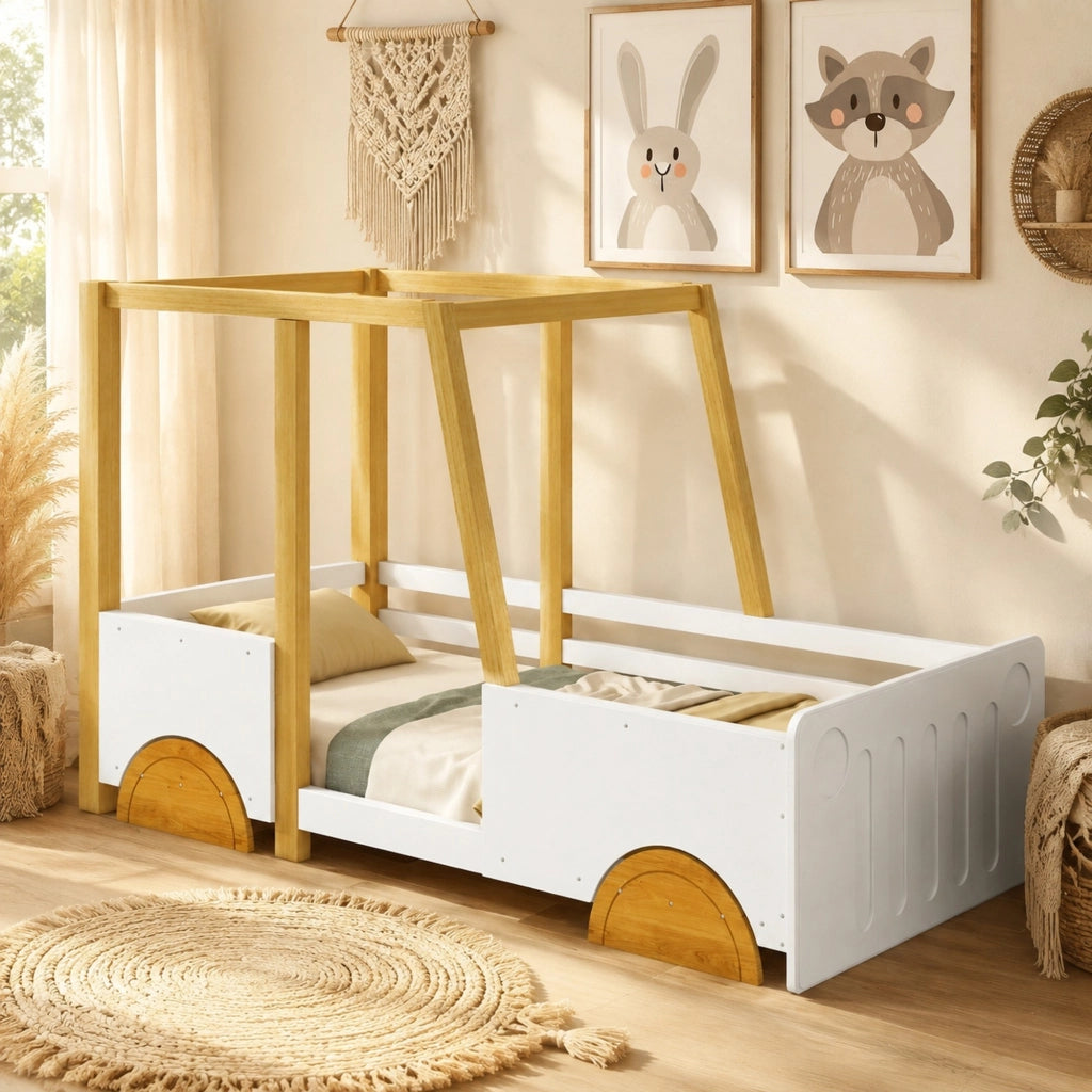 Letto per bambini a forma di auto 90x200 cm con sponde in pino e MDF bianco e naturale