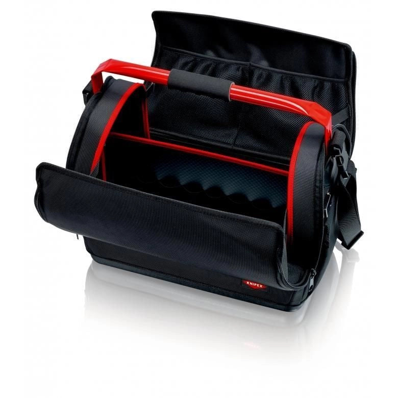 KNIPEX 00 21 08 LE Borsa portautensili LightPack Apribile su entrambi i lati Tessuto poliestere resistente con cerniera e chiusura a strappo Maniglia in acciaio con soft-grip Tracolla regolabile con tasca per cellulare Carico max 20 Kg colore Nero e Rosso