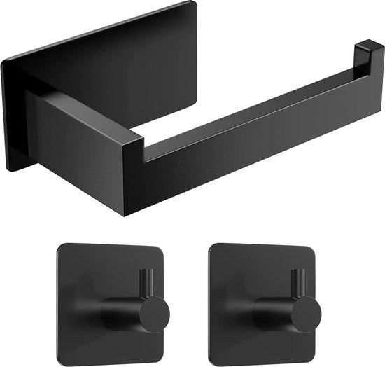 Sostegno per carta igienica senza foratura, sostegno per carta igienica autoadesivo, sostegno per carta igienica, supporto per carta igienica in acciaio inox con 2 ganci per asciugamani per bagno e cucina, nero