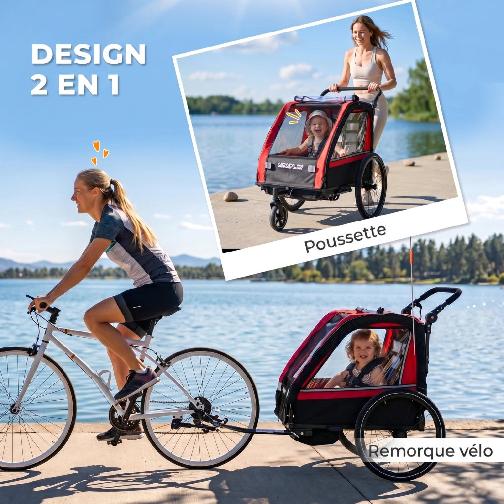 Rimorchio bici per bambini 2 in 1 ¨C Xylo ¨C passeggino 2 posti con freno a mano, rosso