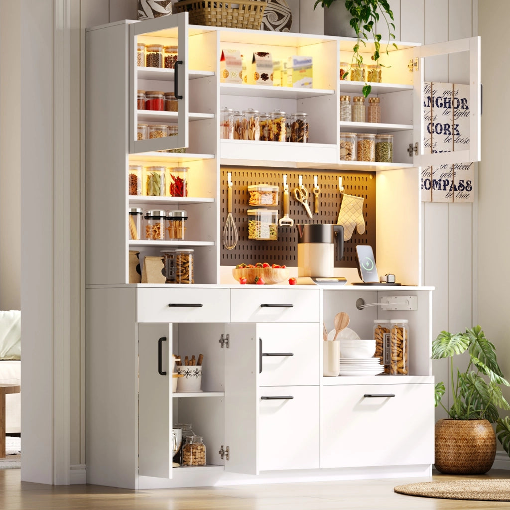 Mobile cucina multifunzione bianco con LED RGB, presa integrata, 5 cassetti e ripiani regolabili
